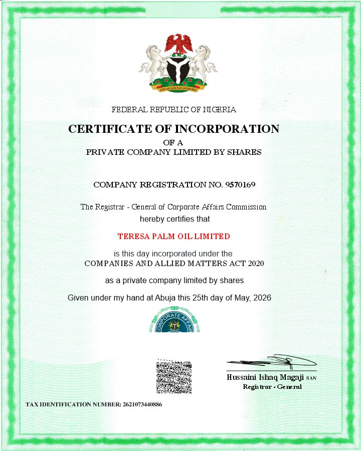 Teresa Palm OIl Certificate of Incorporation.