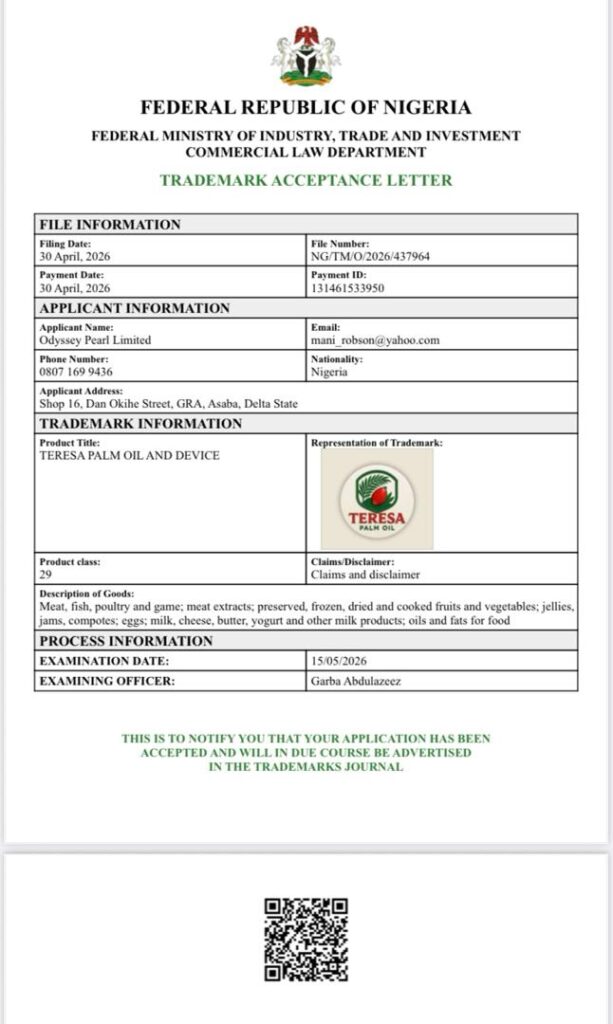 Official trademark acceptance document cofirming registration for Teresa Palm Oil